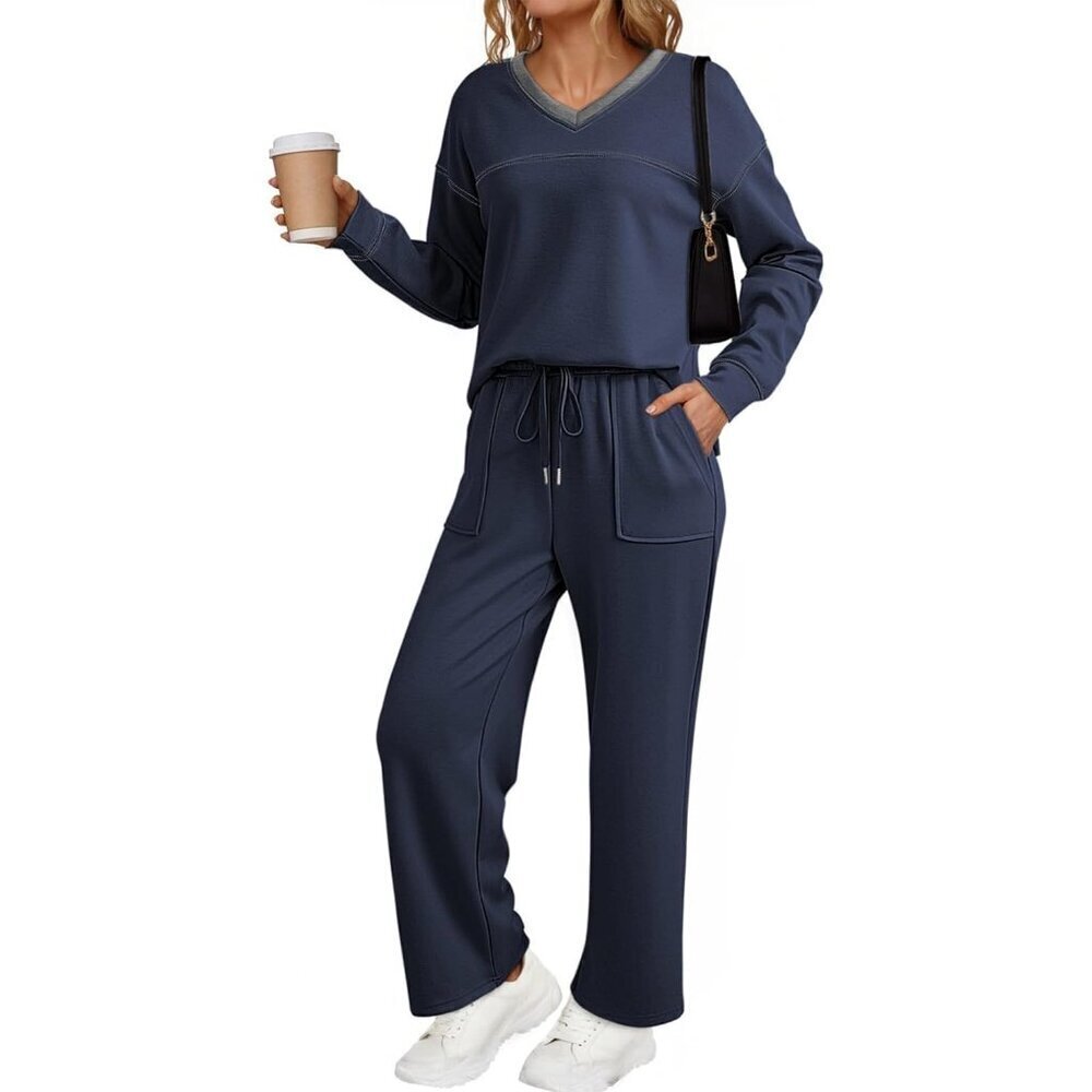 Women's 2 Piece Lounge Set Casual V Neck Sweatshirt Fashion Travel Wide Leg Trac